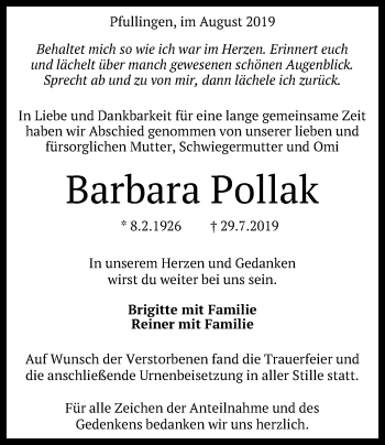 Anzeige von Barbara Pollak von Reutlinger General-Anzeiger