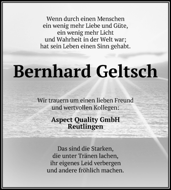 Anzeige von Bernhard Geltsch von Reutlinger General-Anzeiger