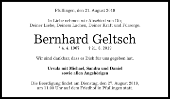Anzeige von Bernhard Geltsch von Reutlinger General-Anzeiger