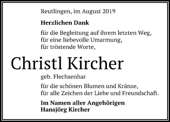 Anzeige von Christl Kircher von Reutlinger General-Anzeiger