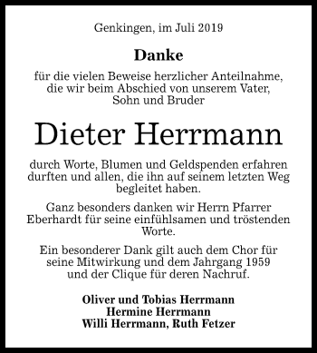 Anzeige von Dieter Herrmann von Reutlinger General-Anzeiger