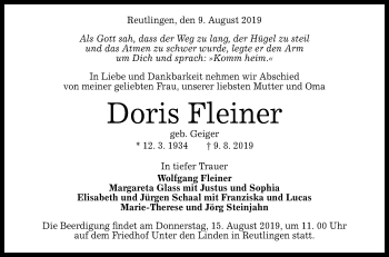 Anzeige von Doris Fleiner von Reutlinger General-Anzeiger