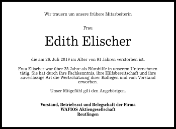 Anzeige von Edith Elischer von Reutlinger General-Anzeiger
