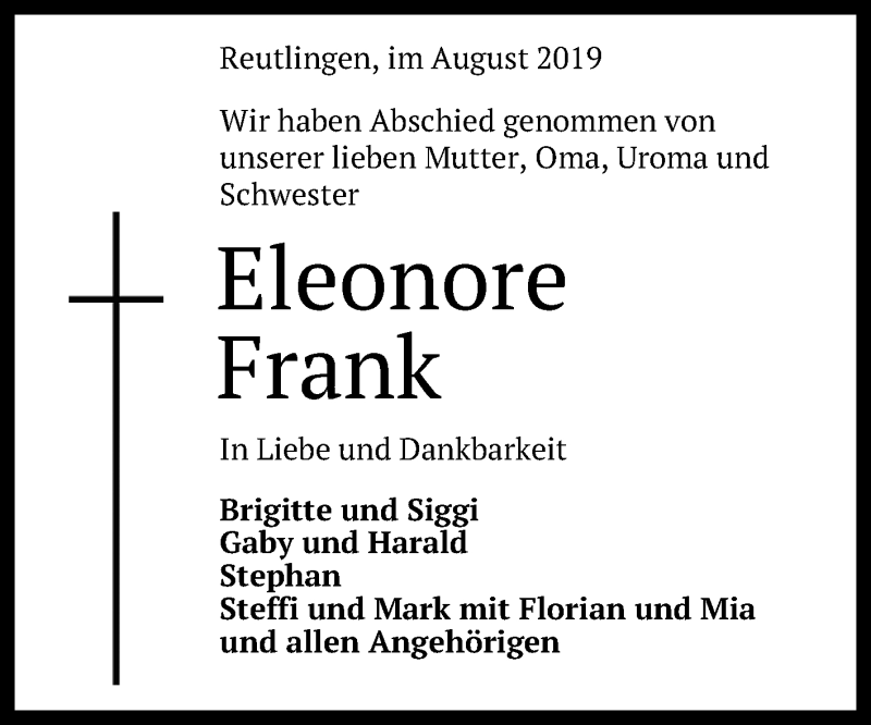 Traueranzeige für Eleonore Frank vom 17.08.2019 aus Reutlinger General-Anzeiger