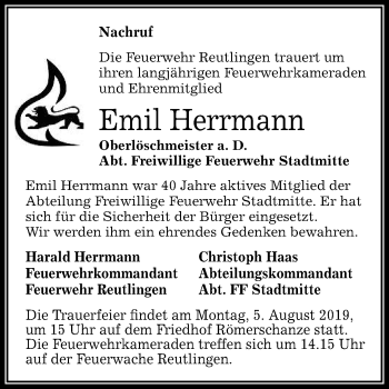 Anzeige von Emil Herrmann von Reutlinger General-Anzeiger