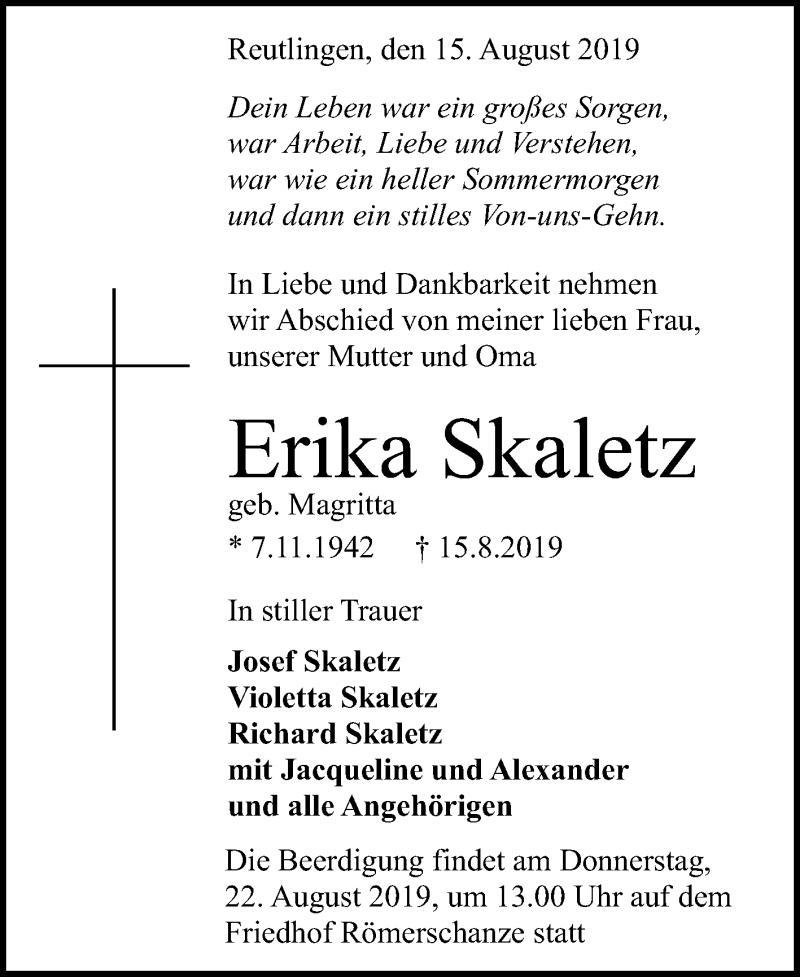  Traueranzeige für Erika Skaletz vom 19.08.2019 aus Reutlinger General-Anzeiger