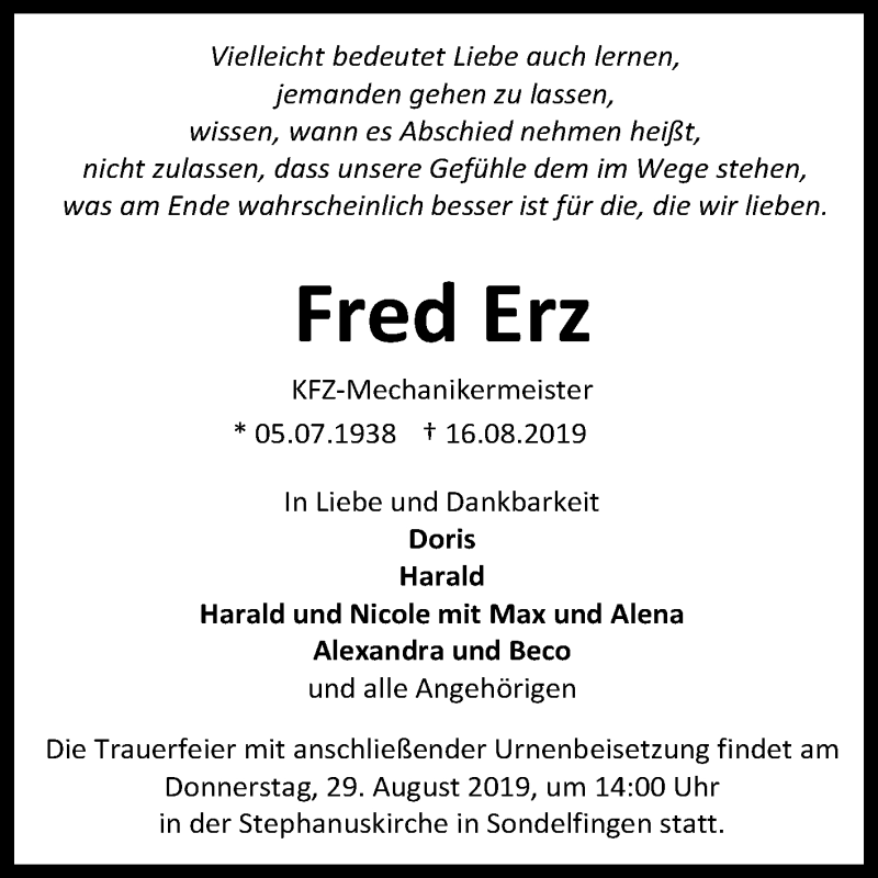  Traueranzeige für Fred Erz vom 23.08.2019 aus Reutlinger General-Anzeiger