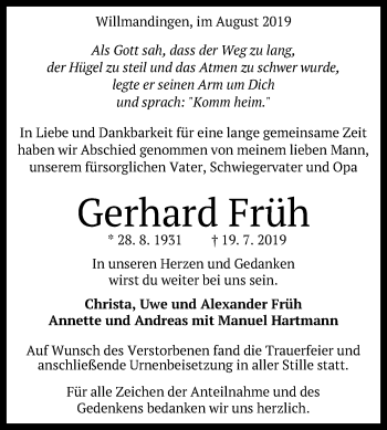 Anzeige von Gerhard Früh von Reutlinger General-Anzeiger