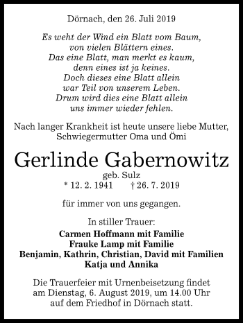 Anzeige von Gerlinde Gabernowitz von Reutlinger General-Anzeiger