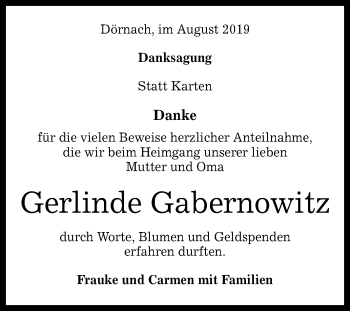 Anzeige von Gerlinde Gabernowitz von Reutlinger General-Anzeiger