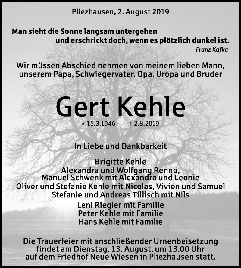  Traueranzeige für Gert Kehle vom 06.08.2019 aus Reutlinger General-Anzeiger