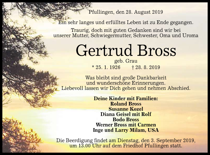  Traueranzeige für Gertrud Bross vom 30.08.2019 aus Reutlinger General-Anzeiger