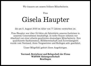 Anzeige von Gisela Haupter von Reutlinger General-Anzeiger