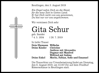 Anzeige von Gita Schur von Reutlinger General-Anzeiger