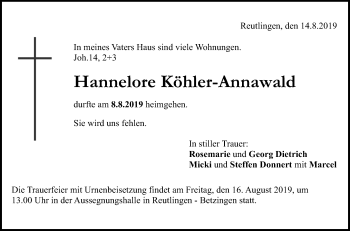 Anzeige von Hannelore Köhler-Annawald von Reutlinger General-Anzeiger