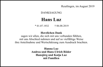 Anzeige von Hans Luz von Reutlinger General-Anzeiger