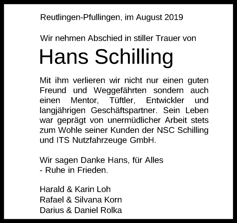  Traueranzeige für Hans Schilling vom 10.08.2019 aus Reutlinger General-Anzeiger