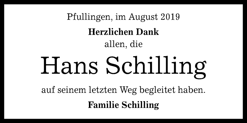  Traueranzeige für Hans Schilling vom 16.08.2019 aus Reutlinger General-Anzeiger