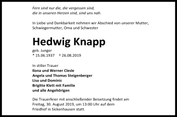 Anzeige von Hedwig Knapp von Reutlinger General-Anzeiger