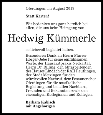 Anzeige von Hedwig Kümmerle von Reutlinger General-Anzeiger