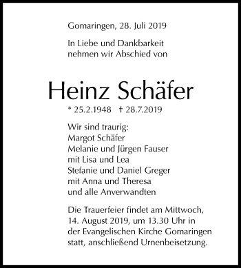 Anzeige von Heinz Schäfer von Reutlinger General-Anzeiger