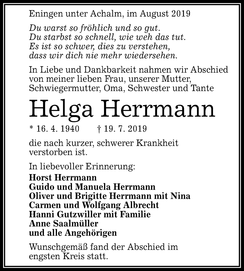 Traueranzeigen Von Helga Herrmann Trauer Und Gedenken My Xxx Hot Girl