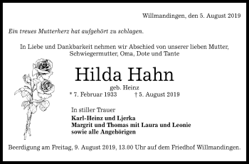 Anzeige von Hilda Hahn von Reutlinger General-Anzeiger