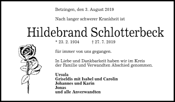 Anzeige von Hildebrand Schlotterbeck von Reutlinger General-Anzeiger