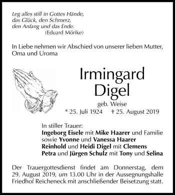 Anzeige von Irmingard Digel von Reutlinger General-Anzeiger