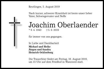 Anzeige von Joachim Oberlaender von Reutlinger General-Anzeiger