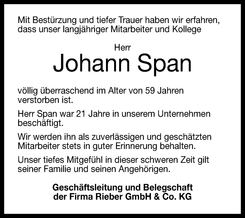  Traueranzeige für Johann Span vom 03.08.2019 aus Reutlinger General-Anzeiger