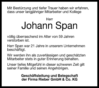 Anzeige von Johann Span von Reutlinger General-Anzeiger