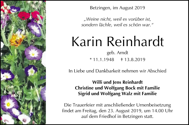  Traueranzeige für Karin Reinhardt vom 17.08.2019 aus Reutlinger General-Anzeiger