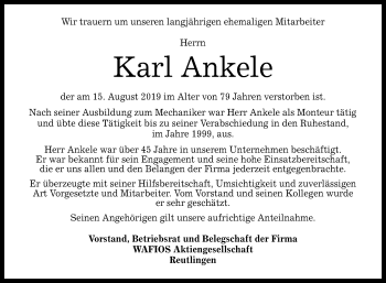Anzeige von Karl Ankele von Reutlinger General-Anzeiger