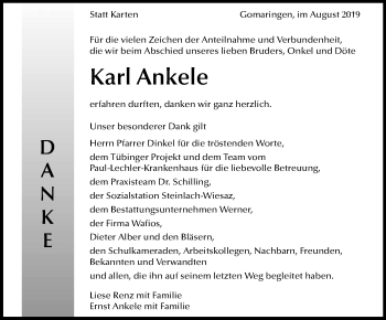 Anzeige von Karl Ankele von Reutlinger General-Anzeiger