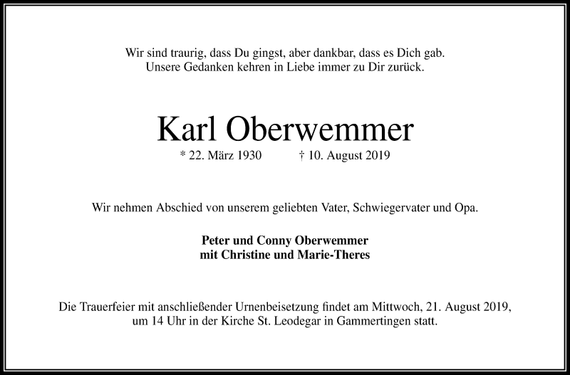  Traueranzeige für Karl Oberwemmer vom 16.08.2019 aus Reutlinger General-Anzeiger