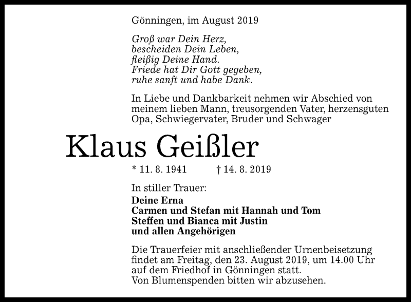  Traueranzeige für Klaus Geißler vom 21.08.2019 aus Reutlinger General-Anzeiger