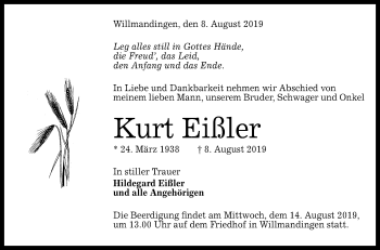 Anzeige von Kurt Eißler von Reutlinger General-Anzeiger