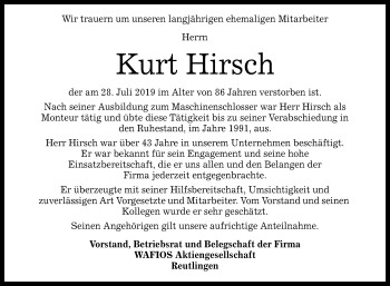 Anzeige von Kurt Hirsch von Reutlinger General-Anzeiger