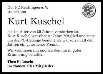 Anzeige von Kurt Kuschel von Reutlinger General-Anzeiger