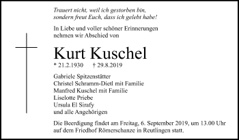 Anzeige von Kurt Kuschel von Reutlinger General-Anzeiger