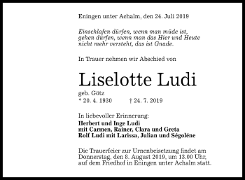 Anzeige von Liselotte Ludi von Reutlinger General-Anzeiger