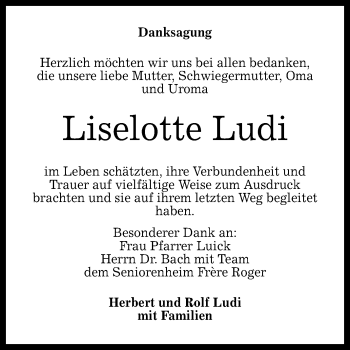 Anzeige von Liselotte Ludi von Reutlinger General-Anzeiger