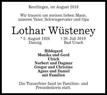 Anzeige von Lothar Wüsteney von Reutlinger General-Anzeiger