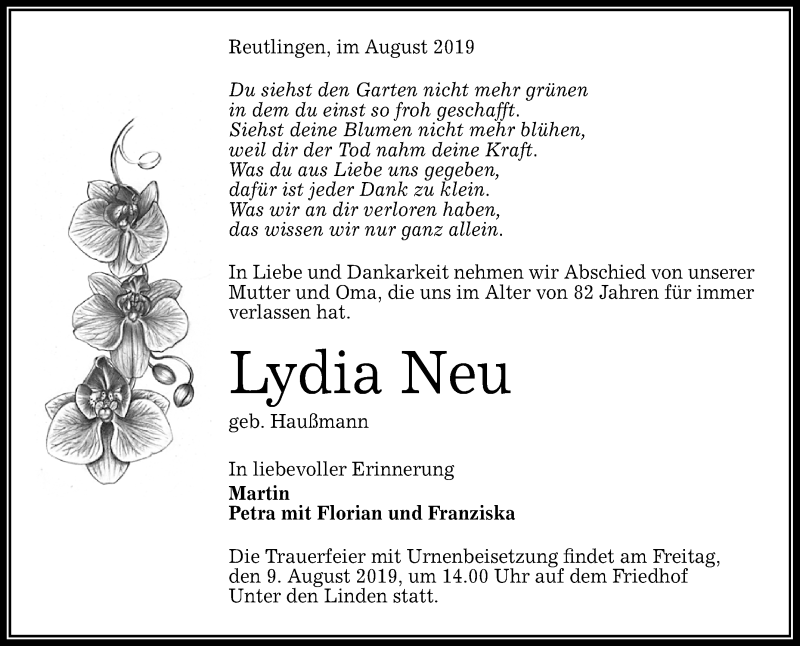  Traueranzeige für Lydia Neu vom 06.08.2019 aus Reutlinger General-Anzeiger