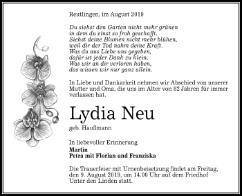 Anzeige von Lydia Neu von Reutlinger General-Anzeiger