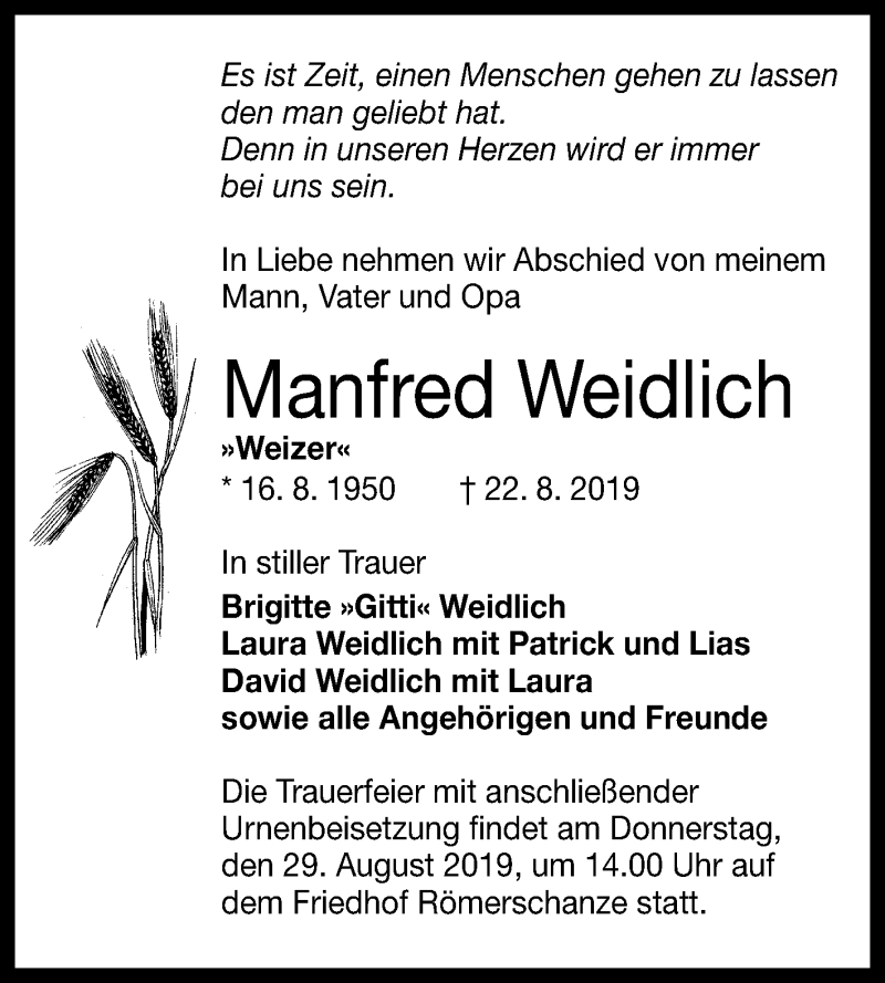  Traueranzeige für Manfred Weidlich vom 26.08.2019 aus Reutlinger General-Anzeiger