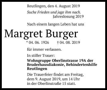 Anzeige von Margret Burger von Reutlinger General-Anzeiger