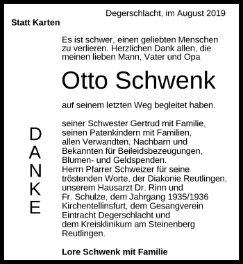 Anzeige von Otto Schwenk von Reutlinger General-Anzeiger