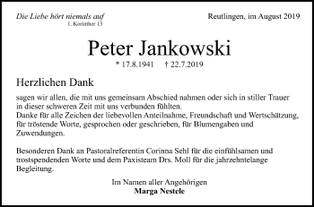 Anzeige von Peter Jankowski von Reutlinger General-Anzeiger